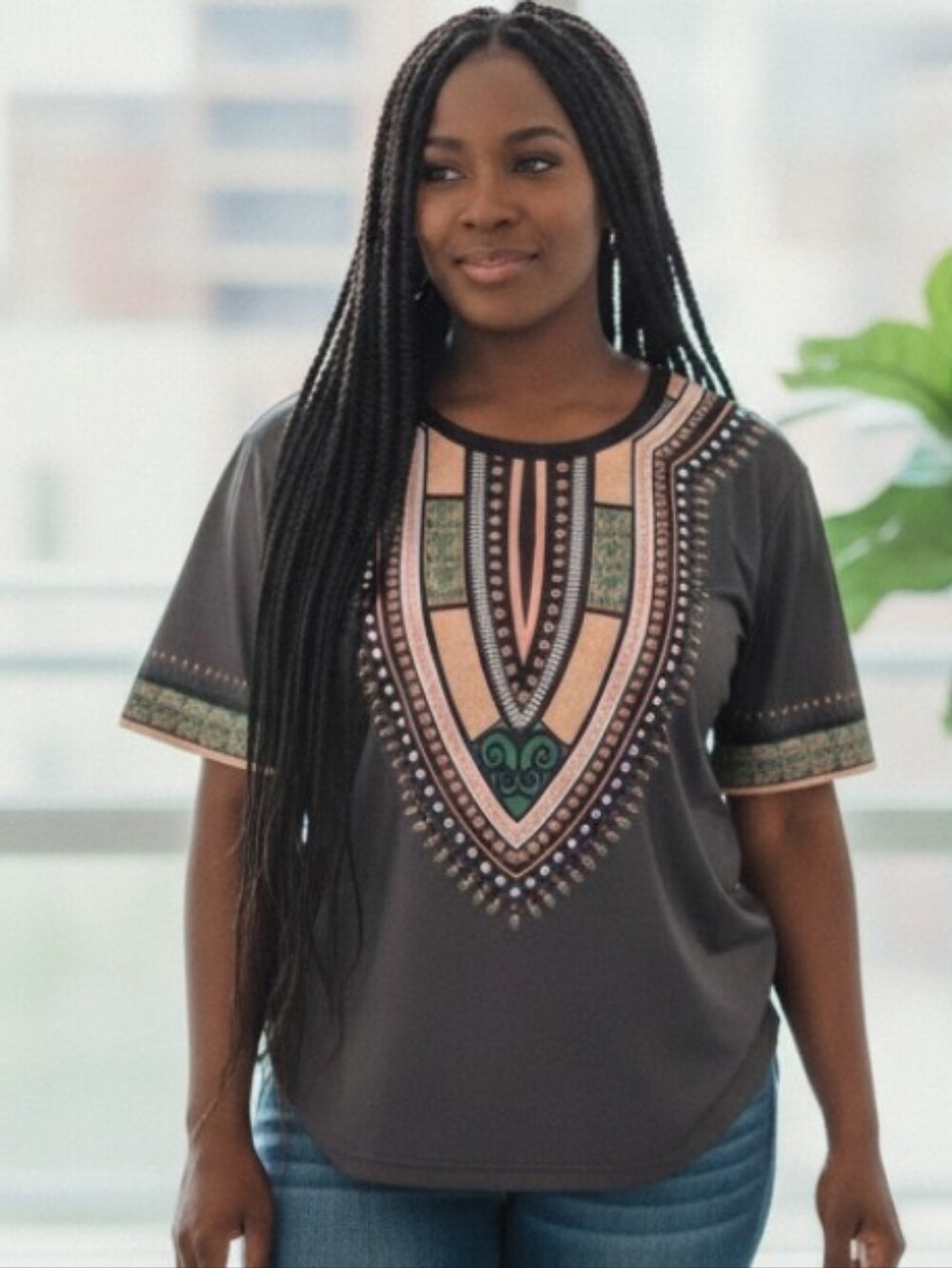 Ethnic Boho Tribal Print Dashiki Style Short Sleeve Top - Gray Background - L